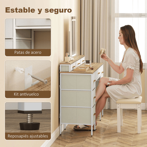 HOMCOM Toucador com Luzes LED de 3 Cores Toucador de Maquilhagem com Espelho Mesa de Maquilhagem com 10 Gavetas de Tecido Pés em Aço Moderno para Quarto Sala de Estar Madeira