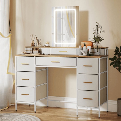 HOMCOM Toucador com Luzes LED de 3 Cores Toucador de Maquilhagem com Espelho Mesa de Maquilhagem com 10 Gavetas de Tecido Pés em Aço Moderno para Quarto Sala de Estar Madeira