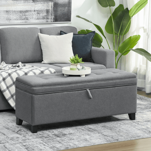 HOMCOM Puff de Armazenamento Banco 112L Estofado em Linho com 2 Dobradiças de Segurança Tampa Rebatível e Assento com Capitonê para Quarto Sala de Estar Entrada Carga 120 kg 120x40x48 cm Cinza Escuro