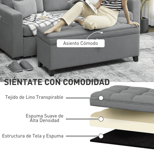 HOMCOM Puff de Armazenamento Banco 112L Estofado em Linho com 2 Dobradiças de Segurança Tampa Rebatível e Assento com Capitonê para Quarto Sala de Estar Entrada Carga 120 kg 120x40x48 cm Cinza Escuro