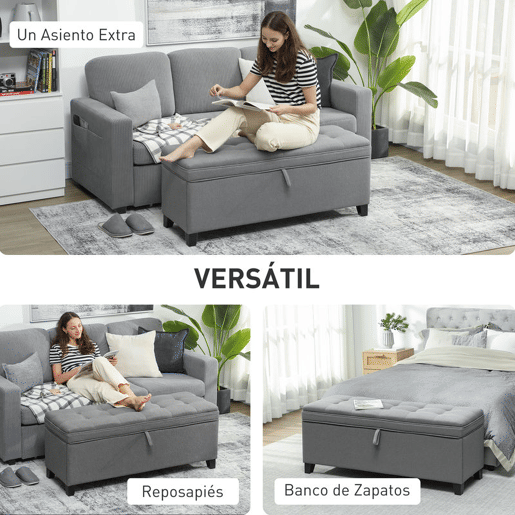 HOMCOM Puff de Armazenamento Banco 112L Estofado em Linho com 2 Dobradiças de Segurança Tampa Rebatível e Assento com Capitonê para Quarto Sala de Estar Entrada Carga 120 kg 120x40x48 cm Cinza Escuro