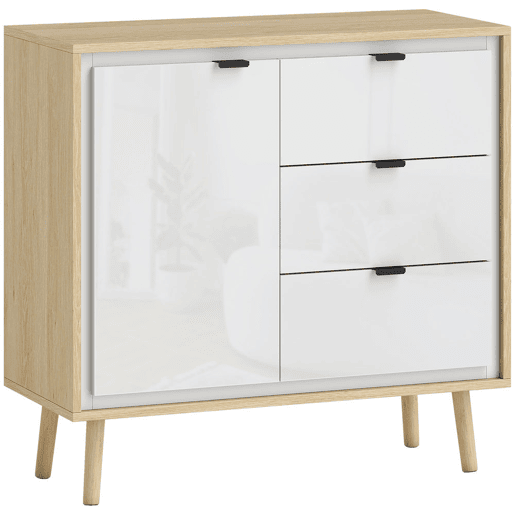 HOMCOM Aparador de Sala Moderno com 3 Gavetas Prateleira Ajustável e Pés em Madeira para Cozinha Entrada Quarto 80x35x77 cm Branco Brilhante e Carvalho