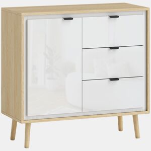 HOMCOM Aparador de Sala Moderno com 3 Gavetas Prateleira Ajustável e Pés em Madeira para Cozinha Entrada Quarto 80x35x77 cm Branco Brilhante e Carvalho