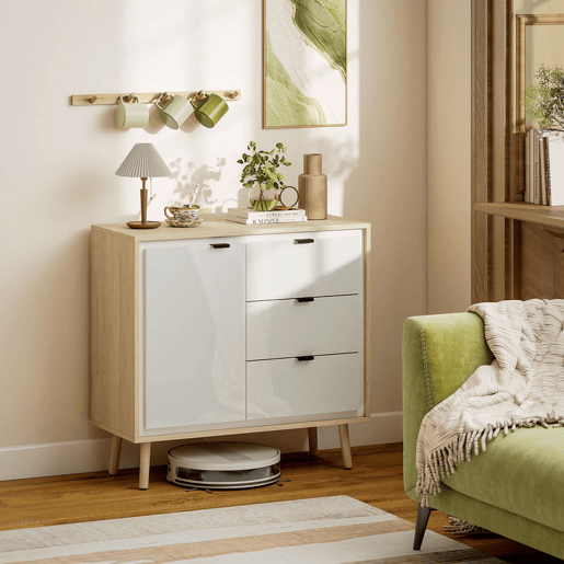 HOMCOM Aparador de Sala Moderno com 3 Gavetas Prateleira Ajustável e Pés em Madeira para Cozinha Entrada Quarto 80x35x77 cm Branco Brilhante e Carvalho