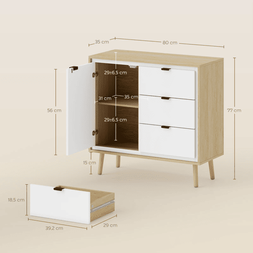 HOMCOM Aparador de Sala Moderno com 3 Gavetas Prateleira Ajustável e Pés em Madeira para Cozinha Entrada Quarto 80x35x77 cm Branco Brilhante e Carvalho