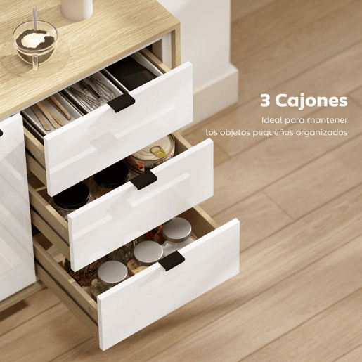 HOMCOM Aparador de Sala Moderno com 3 Gavetas Prateleira Ajustável e Pés em Madeira para Cozinha Entrada Quarto 80x35x77 cm Branco Brilhante e Carvalho