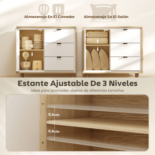 HOMCOM Aparador de Sala Moderno com 3 Gavetas Prateleira Ajustável e Pés em Madeira para Cozinha Entrada Quarto 80x35x77 cm Branco Brilhante e Carvalho