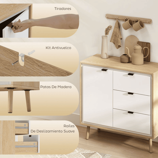 HOMCOM Aparador de Sala Moderno com 3 Gavetas Prateleira Ajustável e Pés em Madeira para Cozinha Entrada Quarto 80x35x77 cm Branco Brilhante e Carvalho
