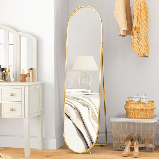 HOMCOM Espelho de Corpo Inteiro Oval 160x40 cm, Espelho de Pé com Suporte, 2 Modos de Utilização, Independente ou Encostado, para Sala, Entrada, Quarto, Closet, Dourado