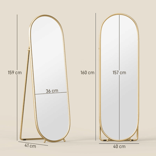 HOMCOM Espelho de Corpo Inteiro Oval 160x40 cm, Espelho de Pé com Suporte, 2 Modos de Utilização, Independente ou Encostado, para Sala, Entrada, Quarto, Closet, Dourado