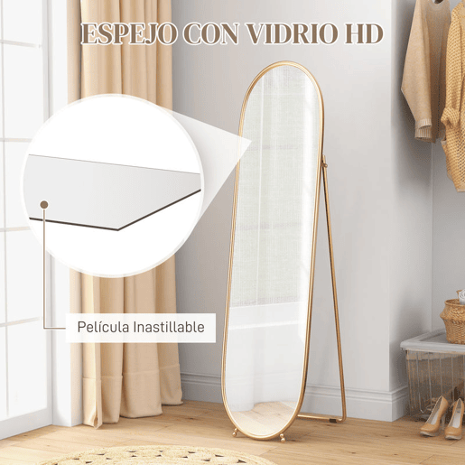 HOMCOM Espelho de Corpo Inteiro Oval 160x40 cm, Espelho de Pé com Suporte, 2 Modos de Utilização, Independente ou Encostado, para Sala, Entrada, Quarto, Closet, Dourado
