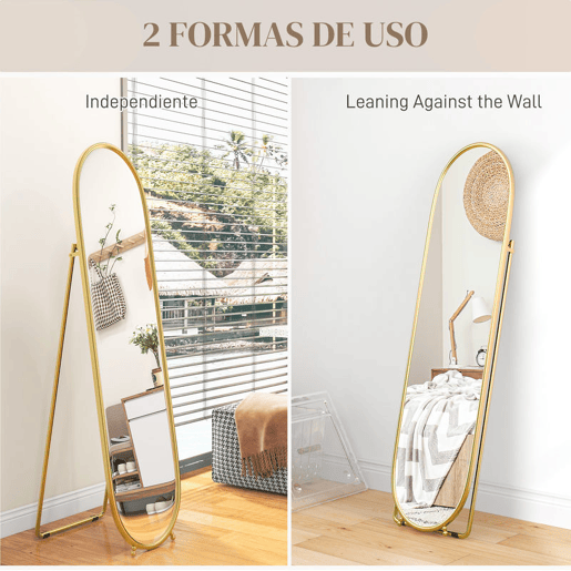 HOMCOM Espelho de Corpo Inteiro Oval 160x40 cm, Espelho de Pé com Suporte, 2 Modos de Utilização, Independente ou Encostado, para Sala, Entrada, Quarto, Closet, Dourado