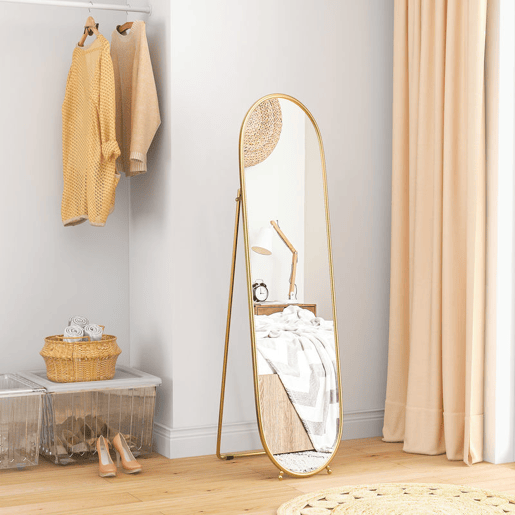 HOMCOM Espelho de Corpo Inteiro Oval 160x40 cm, Espelho de Pé com Suporte, 2 Modos de Utilização, Independente ou Encostado, para Sala, Entrada, Quarto, Closet, Dourado