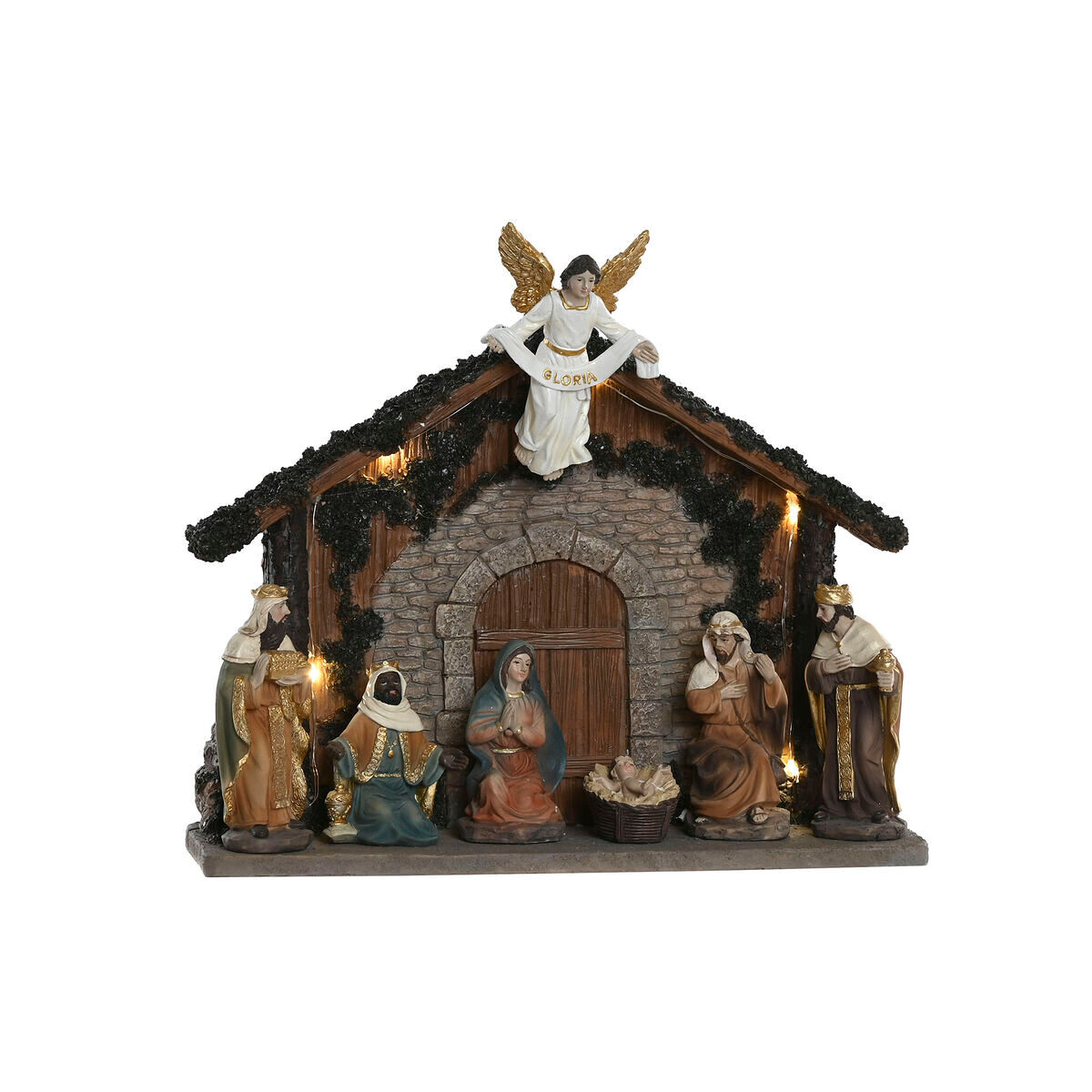 LOLAhome Belén De Navidad Tradicional Con Portal, Reyes Magos Y Figuras - Resina 21x16 Cm - Decoración De Mesa Para Hogar