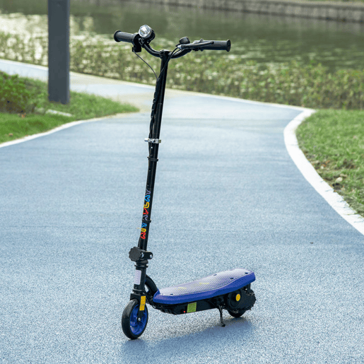 HOMCOM Trotinete Elétrica para Crianças de 7-14 Anos Dobrável Trotinete Elétrica Velocidade Máx. 12 kmh Motor 120 W Autonomia Máxima 10 km com Guiador Ajustável em Altura Farol LED e Travão 75x48x93-105 cm Azul