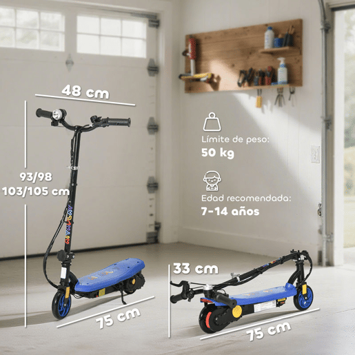 HOMCOM Trotinete Elétrica para Crianças de 7-14 Anos Dobrável Trotinete Elétrica Velocidade Máx. 12 kmh Motor 120 W Autonomia Máxima 10 km com Guiador Ajustável em Altura Farol LED e Travão 75x48x93-105 cm Azul