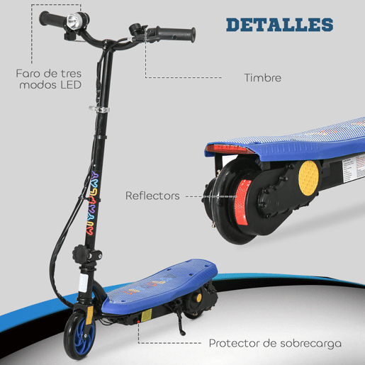 HOMCOM Trotinete Elétrica para Crianças de 7-14 Anos Dobrável Trotinete Elétrica Velocidade Máx. 12 kmh Motor 120 W Autonomia Máxima 10 km com Guiador Ajustável em Altura Farol LED e Travão 75x48x93-105 cm Azul