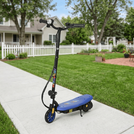 HOMCOM Trotinete Elétrica para Crianças de 7-14 Anos Dobrável Trotinete Elétrica Velocidade Máx. 12 kmh Motor 120 W Autonomia Máxima 10 km com Guiador Ajustável em Altura Farol LED e Travão 75x48x93-105 cm Azul