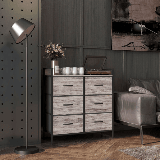 HOMCOM Cómoda com 6 Gavetas Dobráveis Cómoda de Tecido com Estrutura de Aço Estilo Industrial Cómoda para Quarto Corredor 79x29x85 cm Cinzento
