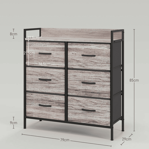 HOMCOM Cómoda com 6 Gavetas Dobráveis Cómoda de Tecido com Estrutura de Aço Estilo Industrial Cómoda para Quarto Corredor 79x29x85 cm Cinzento