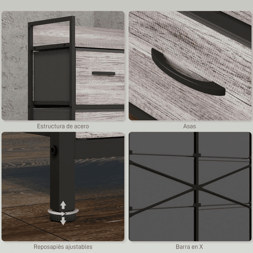 HOMCOM Cómoda com 6 Gavetas Dobráveis Cómoda de Tecido com Estrutura de Aço Estilo Industrial Cómoda para Quarto Corredor 79x29x85 cm Cinzento