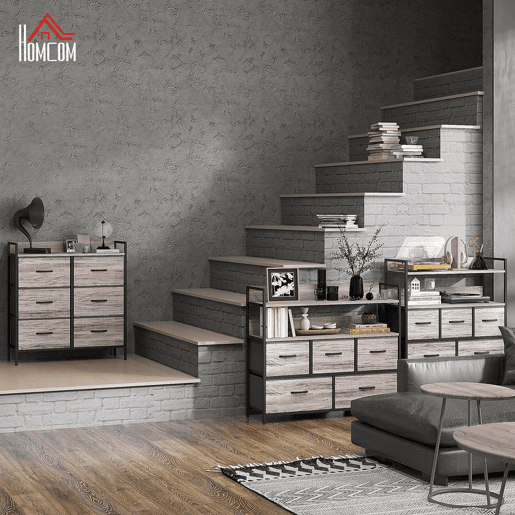 HOMCOM Cómoda com 6 Gavetas Dobráveis Cómoda de Tecido com Estrutura de Aço Estilo Industrial Cómoda para Quarto Corredor 79x29x85 cm Cinzento