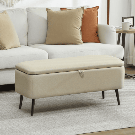 HOMCOM Banco de Armazenamento Estofado em Linho com Tampa Abatível e Pés de Aço para Dormitório Sala de Estar Entrada Carga Máxima 150kg 101x38,5x44,5 cm Bege