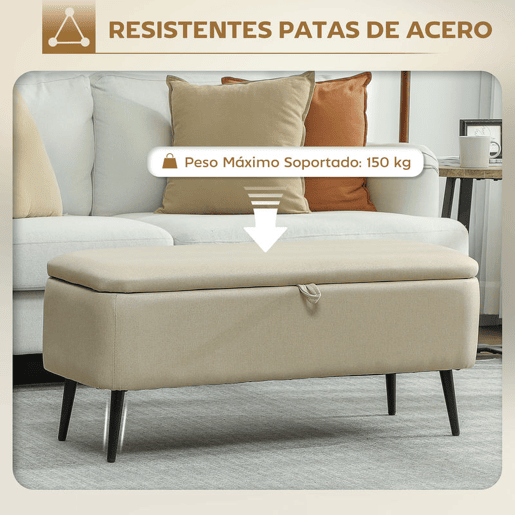 HOMCOM Banco de Armazenamento Estofado em Linho com Tampa Abatível e Pés de Aço para Dormitório Sala de Estar Entrada Carga Máxima 150kg 101x38,5x44,5 cm Bege
