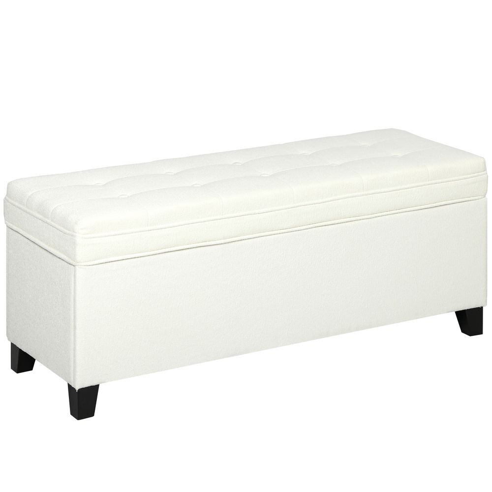 Homcom puff almacenaje banco almacenaje 112l tapizado en lino con 2 bisagras de seguridad tapa abatible y asiento con capitoné para dormitorio salón entrada carga 120 kg 120x40x48 cm crema