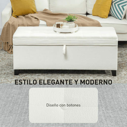 HOMCOM Puff de Armazenamento Banco com 112L Estofado em Linho com 2 Dobradiças de Segurança Tampa Rebatível e Assento com Capitonê para Sala de Estar Quarto Entrada Suporta 120 kg 120x40x48 cm Creme