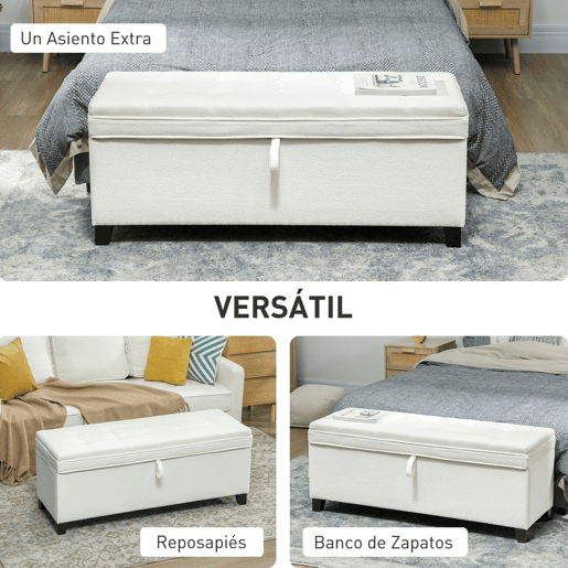 HOMCOM Puff de Armazenamento Banco com 112L Estofado em Linho com 2 Dobradiças de Segurança Tampa Rebatível e Assento com Capitonê para Sala de Estar Quarto Entrada Suporta 120 kg 120x40x48 cm Creme