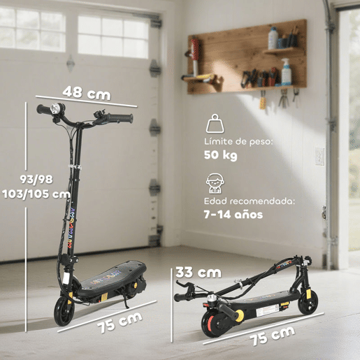 HOMCOM Trotinete Elétrica para Crianças de 7-14 Anos Dobrável Trotinete Elétrica Velocidade Máx. 12 kmh Motor 120 W Autonomia Máxima 10 km com Guiador Ajustável em Altura Farol LED e Travão 75x48x93-105 cm Preto
