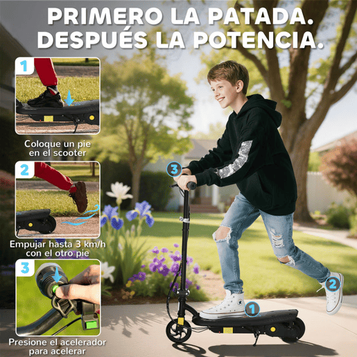 HOMCOM Trotinete Elétrica para Crianças de 7-14 Anos Dobrável Trotinete Elétrica Velocidade Máx. 12 kmh Motor 120 W Autonomia Máxima 10 km com Guiador Ajustável em Altura Farol LED e Travão 75x48x93-105 cm Preto