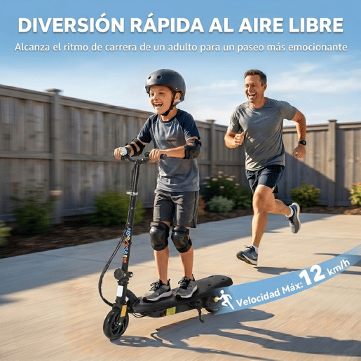 HOMCOM Trotinete Elétrica para Crianças de 7-14 Anos Dobrável Trotinete Elétrica Velocidade Máx. 12 kmh Motor 120 W Autonomia Máxima 10 km com Guiador Ajustável em Altura Farol LED e Travão 75x48x93-105 cm Preto