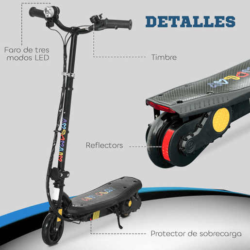 HOMCOM Trotinete Elétrica para Crianças de 7-14 Anos Dobrável Trotinete Elétrica Velocidade Máx. 12 kmh Motor 120 W Autonomia Máxima 10 km com Guiador Ajustável em Altura Farol LED e Travão 75x48x93-105 cm Preto