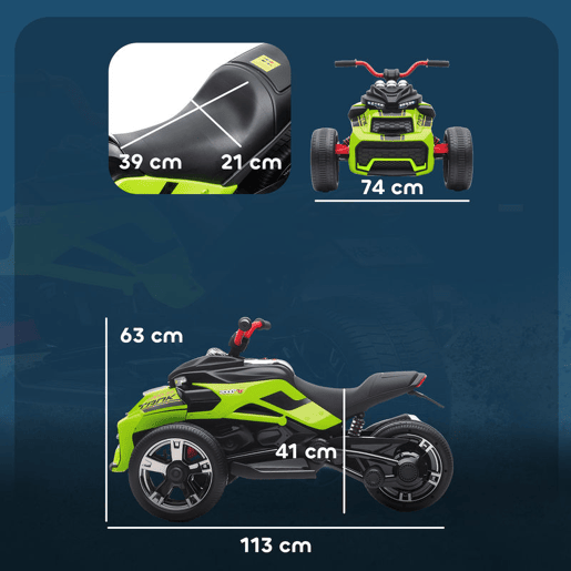 AIYAPLAY Quadricilo Elétrico para Crianças 12V 3-8 Anos com 2 Motores Velocidade até 5 kmh 3 Rodas Suspensão Faróis Buzina Música USB 113x74x63 cm Verde