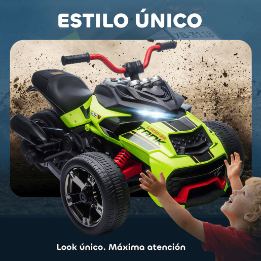 AIYAPLAY Quadricilo Elétrico para Crianças 12V 3-8 Anos com 2 Motores Velocidade até 5 kmh 3 Rodas Suspensão Faróis Buzina Música USB 113x74x63 cm Verde