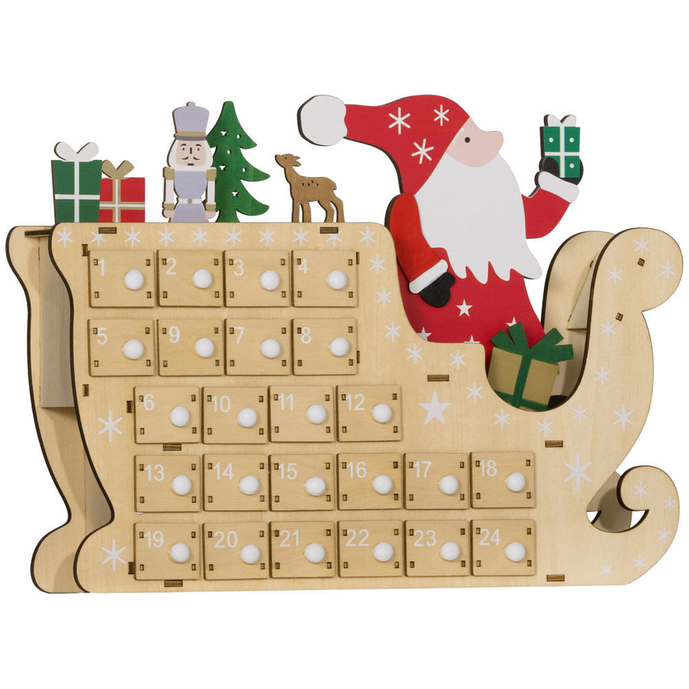 Homcom calendario de adviento de madera con 24 cajones, calendario de adviento de navidad reutilizable para rellenar, decorado con papá noel en su trineo, decoración navideña, 22,5x8x36 cm, natural