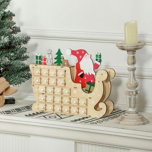 HOMCOM Calendário do Advento de Madeira com 24 Gavetas Calendário do Advento de Natal Decorado com Pai Natal no Trenó Decoração de Natal 22,5x8x36 cm Madeira e Vermelho