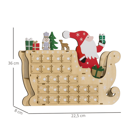 HOMCOM Calendário do Advento de Madeira com 24 Gavetas Calendário do Advento de Natal Decorado com Pai Natal no Trenó Decoração de Natal 22,5x8x36 cm Madeira e Vermelho