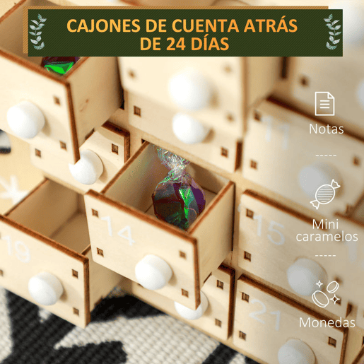 HOMCOM Calendário do Advento de Madeira com 24 Gavetas Calendário do Advento de Natal Decorado com Pai Natal no Trenó Decoração de Natal 22,5x8x36 cm Madeira e Vermelho