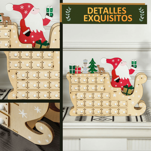 HOMCOM Calendário do Advento de Madeira com 24 Gavetas Calendário do Advento de Natal Decorado com Pai Natal no Trenó Decoração de Natal 22,5x8x36 cm Madeira e Vermelho