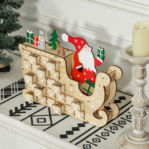 HOMCOM Calendário do Advento de Madeira com 24 Gavetas Calendário do Advento de Natal Decorado com Pai Natal no Trenó Decoração de Natal 22,5x8x36 cm Madeira e Vermelho