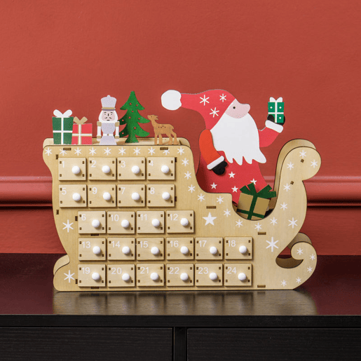 HOMCOM Calendário do Advento de Madeira com 24 Gavetas Calendário do Advento de Natal Decorado com Pai Natal no Trenó Decoração de Natal 22,5x8x36 cm Madeira e Vermelho