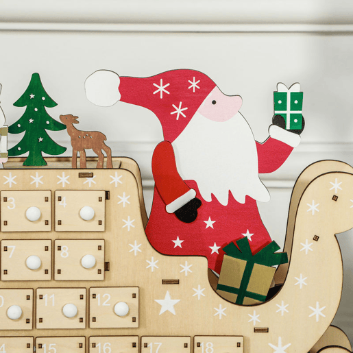 HOMCOM Calendário do Advento de Madeira com 24 Gavetas Calendário do Advento de Natal Decorado com Pai Natal no Trenó Decoração de Natal 22,5x8x36 cm Madeira e Vermelho