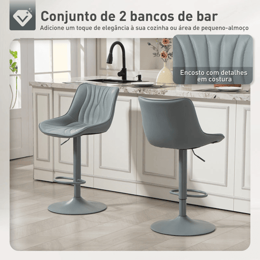 HOMCOM Conjunto de 2 Bancos de Bar Bancos Altos de Cozinha Giratórios com Altura Ajustável 92-110 cm Encosto Assento em Couro Sintético Estrutura de Aço e Apoio para Pés Cinzento