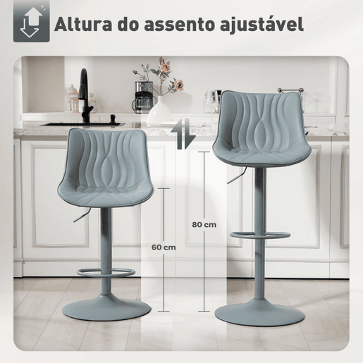 HOMCOM Conjunto de 2 Bancos de Bar Bancos Altos de Cozinha Giratórios com Altura Ajustável 92-110 cm Encosto Assento em Couro Sintético Estrutura de Aço e Apoio para Pés Cinzento