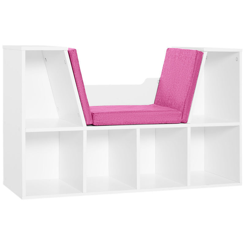 Homcom librería con asiento, estantería de libros con 6 cubos, estantería almacenamiento con banco con cojín, multiusos para sala de estar, oficina, dormitorio, 102x30x61cm, blanco y rosa