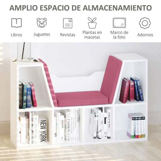HOMCOM Estante Infantil com Assento Estante com 6 Cubos e Banco com Almofada 102x30x61cm Branco e Rosa