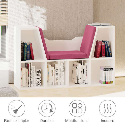 HOMCOM Estante Infantil com Assento Estante com 6 Cubos e Banco com Almofada 102x30x61cm Branco e Rosa